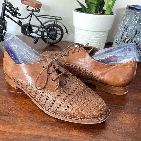 SESTO MEUCCI Made‎ in Italy brown Woven Leather lace up oxford shoes size 6.5M - Picture 1 of 8